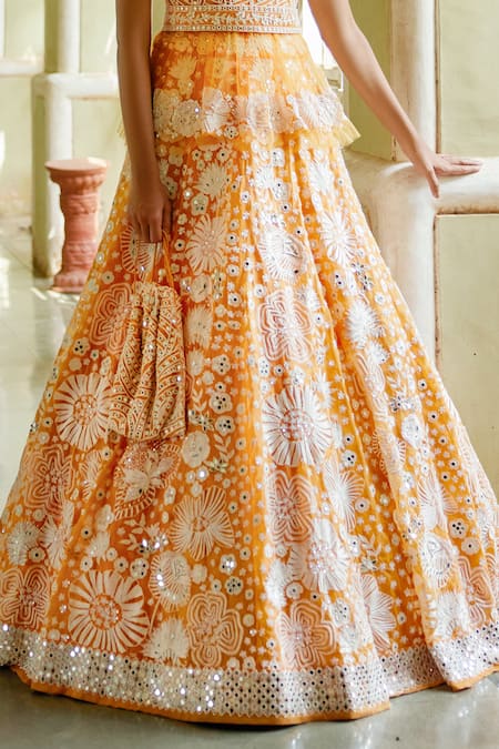 Mishru_Orange Tulle Round Embroidered Peplum Kurta And Bridal Lehenga Set_at_Aza_Fashions