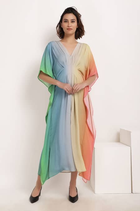 Ranng Label Multi Color Viscose Georgette V Neck Ombre Pleated Kaftan 