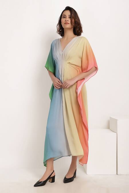 Buy Ranng Label Multi Color Viscose Georgette V Neck Ombre Pleated Kaftan Online at Aza Fashions Buy_Ranng Label_Multi Color Viscose Georgette V Neck Ombre Pleated Kaftan _Online_at_Aza_Fashions