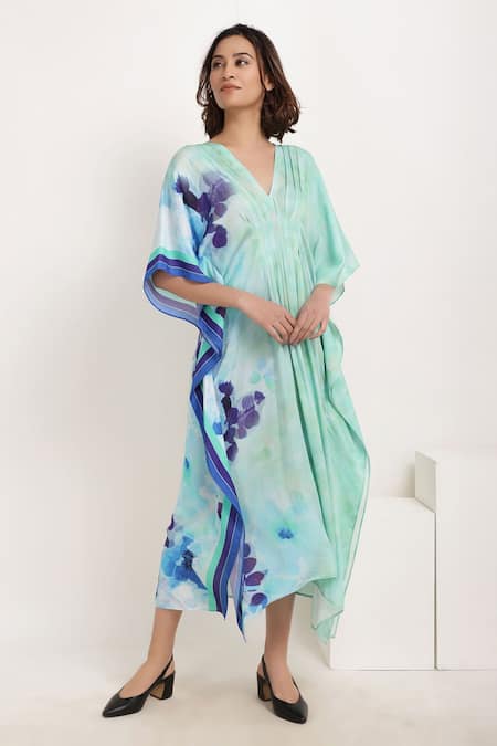Ranng Label Green Viscose Georgette V Neck Printed Kaftan 