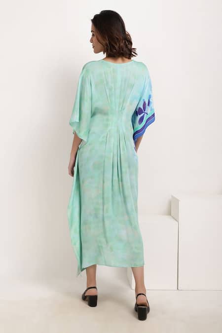 Shop Ranng Label Green Viscose Georgette V Neck Printed Kaftan at Aza Fashions Shop_Ranng Label_Green Viscose Georgette V Neck Printed Kaftan _at_Aza_Fashions