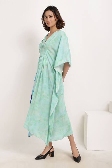 Shop Ranng Label Green Viscose Georgette V Neck Printed Kaftan Online at Aza Fashions Shop_Ranng Label_Green Viscose Georgette V Neck Printed Kaftan _Online_at_Aza_Fashions
