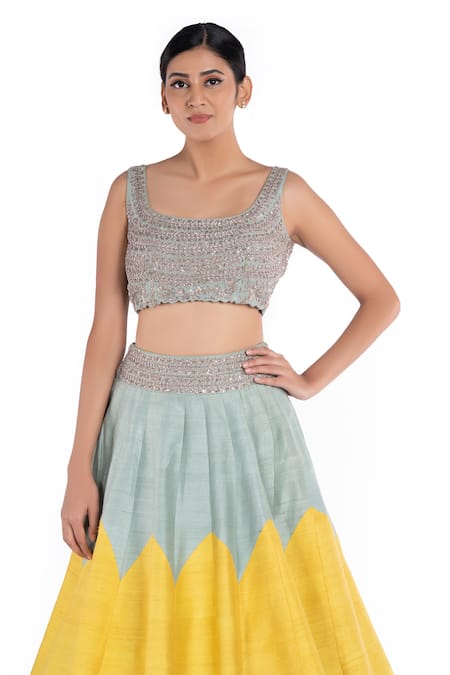 Mrunalini Rao_Multi Color Raw Silk U Neck Chevron Lehenga Set_Online_at_Aza_Fashions