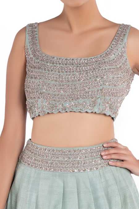 Buy_Mrunalini Rao_Multi Color Raw Silk U Neck Chevron Lehenga Set_Online_at_Aza_Fashions