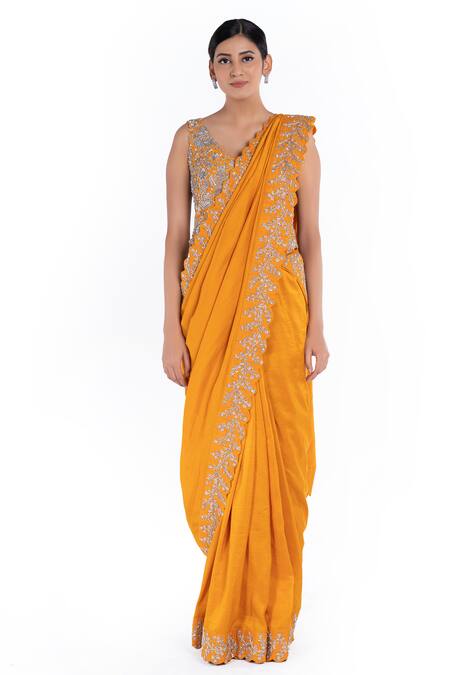 Mrunalini Rao Yellow , Raw V Neck Saree With Embroidered Blouse Online at Aza Fashions Mrunalini Rao_Yellow , Raw V Neck Saree With Embroidered Blouse_Online_at_Aza_Fashions