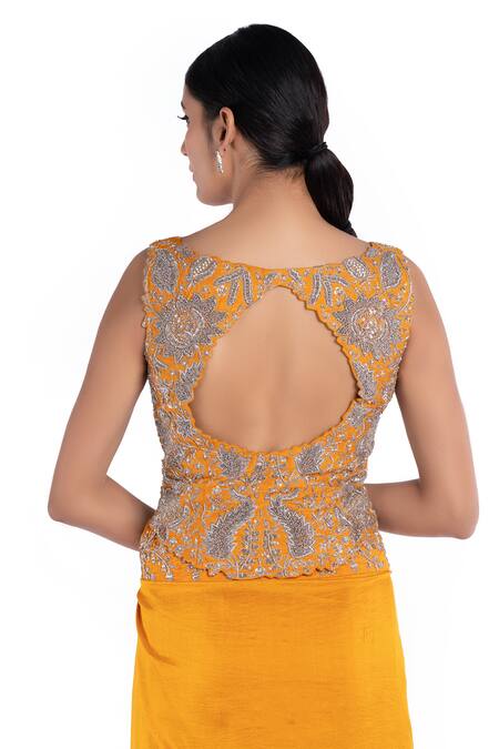 Shop Mrunalini Rao Yellow , Raw V Neck Saree With Embroidered Blouse at Aza Fashions Shop_Mrunalini Rao_Yellow , Raw V Neck Saree With Embroidered Blouse_at_Aza_Fashions