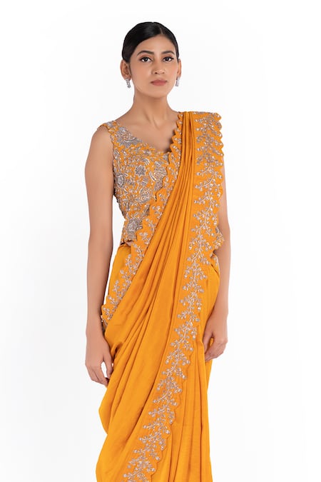 Buy Mrunalini Rao Yellow , Raw V Neck Saree With Embroidered Blouse Online at Aza Fashions Buy_Mrunalini Rao_Yellow , Raw V Neck Saree With Embroidered Blouse_Online_at_Aza_Fashions