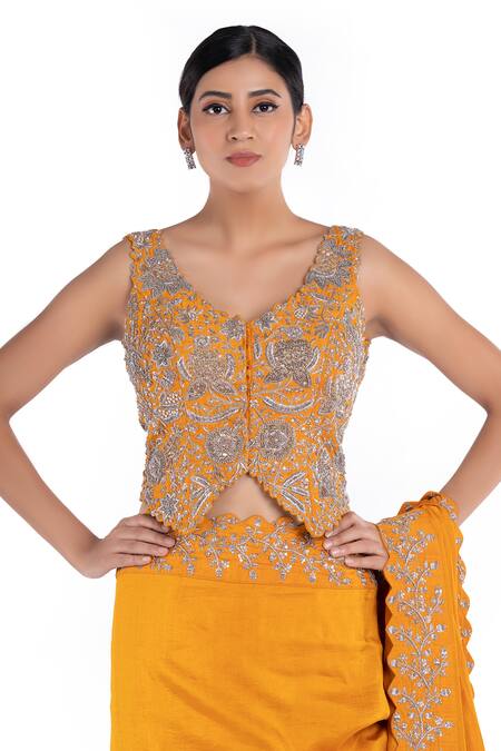 Shop Mrunalini Rao Yellow , Raw V Neck Saree With Embroidered Blouse Online at Aza Fashions Shop_Mrunalini Rao_Yellow , Raw V Neck Saree With Embroidered Blouse_Online_at_Aza_Fashions