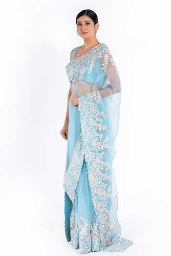 Mrunalini Rao_Blue Organza Floral Embroidered Saree_Online_at_Aza_Fashions