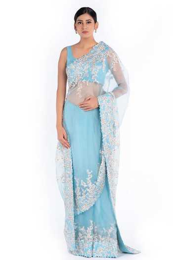 Buy_Mrunalini Rao_Blue Organza Floral Embroidered Saree_Online_at_Aza_Fashions