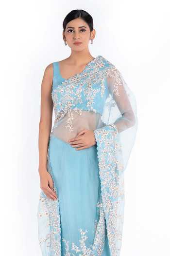 Shop_Mrunalini Rao_Blue Organza Floral Embroidered Saree_Online_at_Aza_Fashions