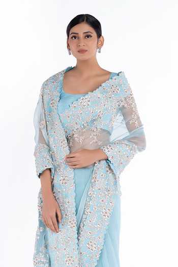 Mrunalini Rao_Blue Organza Floral Embroidered Saree_at_Aza_Fashions
