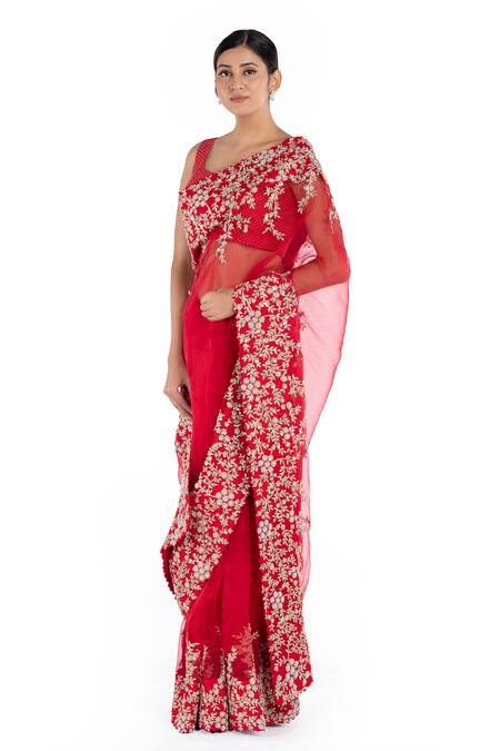 Shop Mrunalini Rao Red Organza Floral Embroidered Saree at Aza Fashions Shop_Mrunalini Rao_Red Organza Floral Embroidered Saree_at_Aza_Fashions