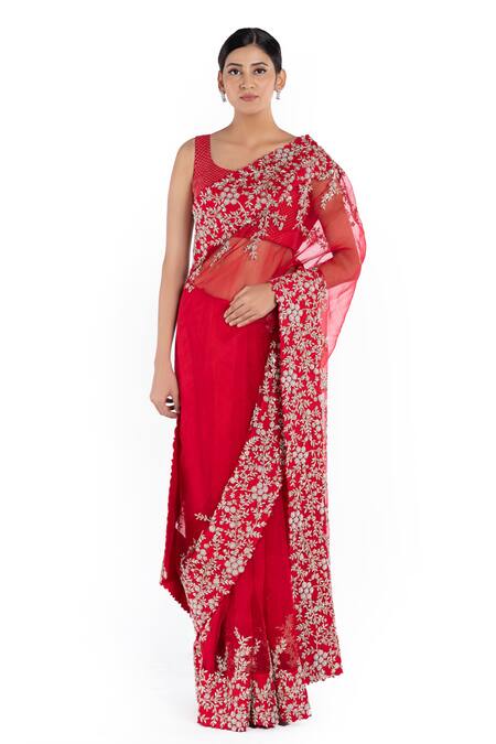 Mrunalini Rao Red Organza Floral Embroidered Saree Online at Aza Fashions Mrunalini Rao_Red Organza Floral Embroidered Saree_Online_at_Aza_Fashions