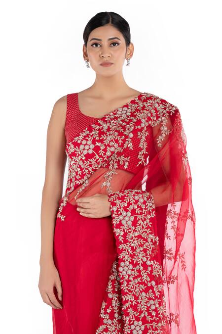 Buy Mrunalini Rao Red Organza Floral Embroidered Saree Online at Aza Fashions Buy_Mrunalini Rao_Red Organza Floral Embroidered Saree_Online_at_Aza_Fashions