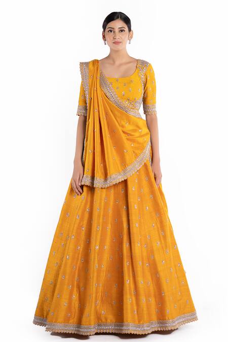 Buy_Mrunalini Rao_Yellow , Raw U Neck Embroidered Bridal Lehenga Set_Online_at_Aza_Fashions
