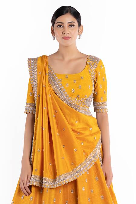 Shop_Mrunalini Rao_Yellow , Raw U Neck Embroidered Bridal Lehenga Set_Online_at_Aza_Fashions