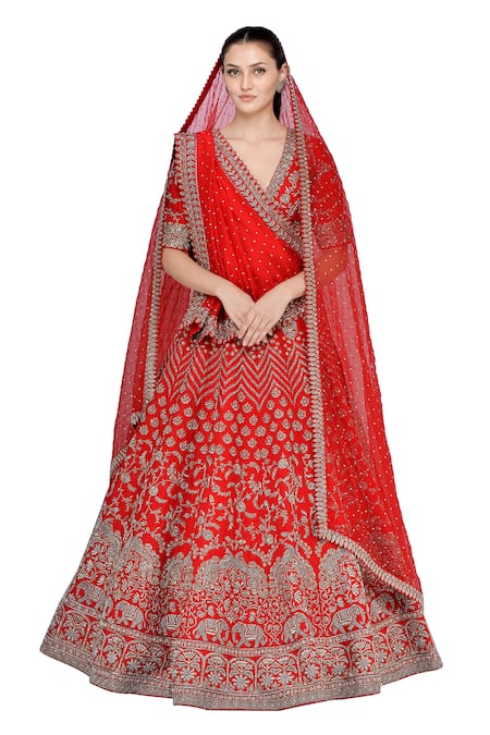 Mrunalini Rao Red Raw Silk V Neck Zardozi Bridal Lehenga Set Online at Aza Fashions Mrunalini Rao_Red Raw Silk V Neck Zardozi Bridal Lehenga Set _Online_at_Aza_Fashions