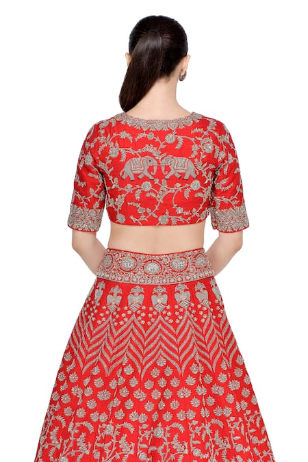 Shop Mrunalini Rao Red Raw Silk V Neck Zardozi Bridal Lehenga Set at Aza Fashions Shop_Mrunalini Rao_Red Raw Silk V Neck Zardozi Bridal Lehenga Set _at_Aza_Fashions