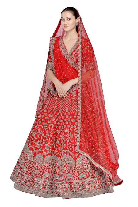 Buy Mrunalini Rao Red Raw Silk V Neck Zardozi Bridal Lehenga Set Online at Aza Fashions Buy_Mrunalini Rao_Red Raw Silk V Neck Zardozi Bridal Lehenga Set _Online_at_Aza_Fashions