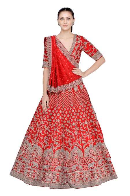 Shop Mrunalini Rao Red Raw Silk V Neck Zardozi Bridal Lehenga Set Online at Aza Fashions Shop_Mrunalini Rao_Red Raw Silk V Neck Zardozi Bridal Lehenga Set _Online_at_Aza_Fashions