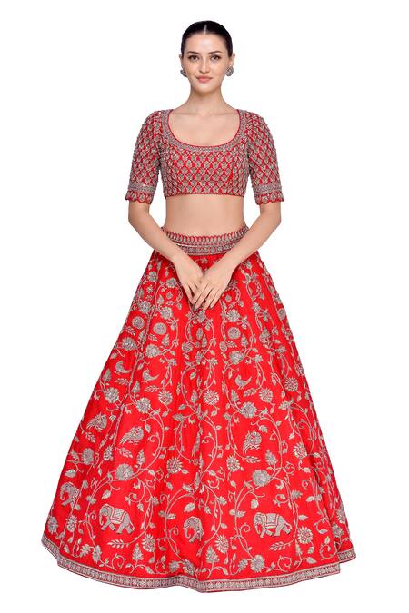 Buy_Mrunalini Rao_Red Raw , Organza, Pure Scoop Neck Embroidered Bridal Lehenga Set_Online_at_Aza_Fashions