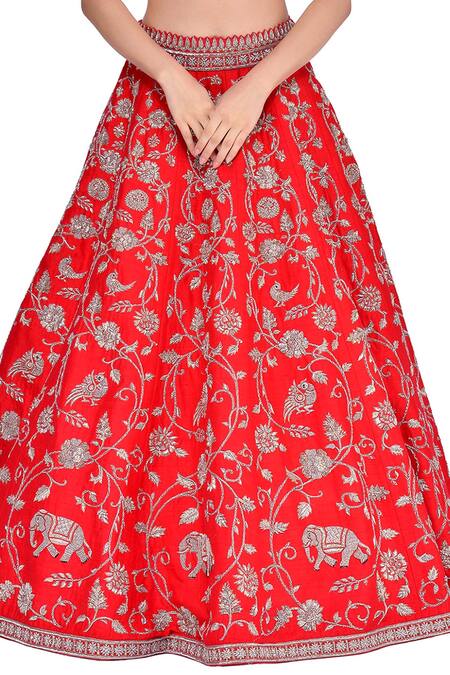 Shop_Mrunalini Rao_Red Raw , Organza, Pure Scoop Neck Embroidered Bridal Lehenga Set_Online_at_Aza_Fashions