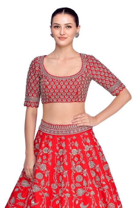 Mrunalini Rao_Red Raw , Organza, Pure Scoop Neck Embroidered Bridal Lehenga Set_at_Aza_Fashions