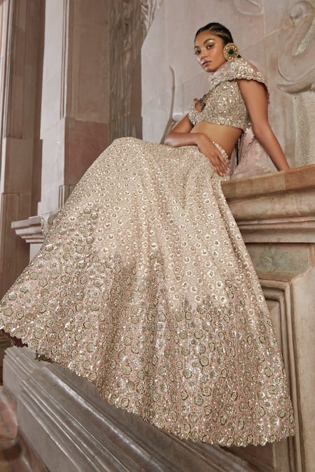 Shop Mrunalini Rao Peach Raw Silk, Organza Resham, Taara Bloom Embroidered Bridal Lehenga Set at Aza Fashions Shop_Mrunalini Rao_Peach Raw Silk, Organza Resham, Taara Bloom Embroidered Bridal Lehenga Set _at_Aza_Fashions