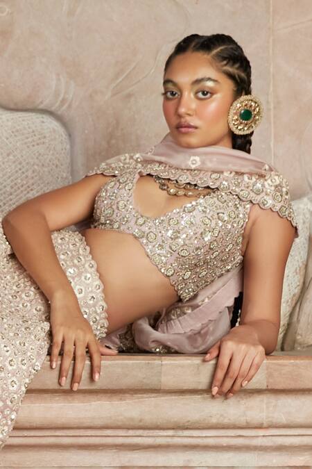 Shop Mrunalini Rao Peach Raw Silk, Organza Resham, Taara Bloom Embroidered Bridal Lehenga Set Online at Aza Fashions Shop_Mrunalini Rao_Peach Raw Silk, Organza Resham, Taara Bloom Embroidered Bridal Lehenga Set _Online_at_Aza_Fashions