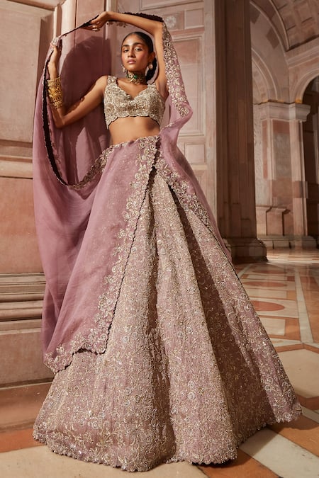 Mrunalini Rao Pink Raw Silk Embroidered Zardozi V Neck Floral Bridal Lehenga Set  