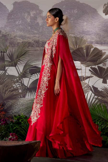 Mrunalini Rao Red Dupion Silk Embroidery Zardozi Cape Open And Skirt Set Online at Aza Fashions Mrunalini Rao_Red Dupion Silk Embroidery Zardozi Cape Open And Skirt Set _Online_at_Aza_Fashions