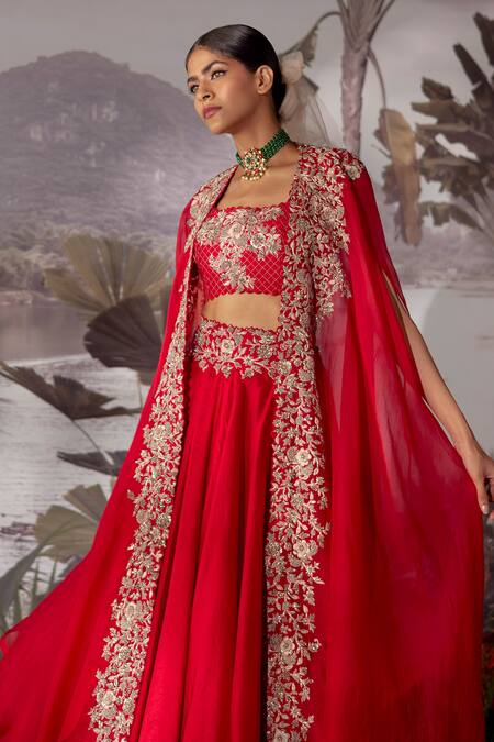 Shop Mrunalini Rao Red Dupion Silk Embroidery Zardozi Cape Open And Skirt Set Online at Aza Fashions Shop_Mrunalini Rao_Red Dupion Silk Embroidery Zardozi Cape Open And Skirt Set _Online_at_Aza_Fashions