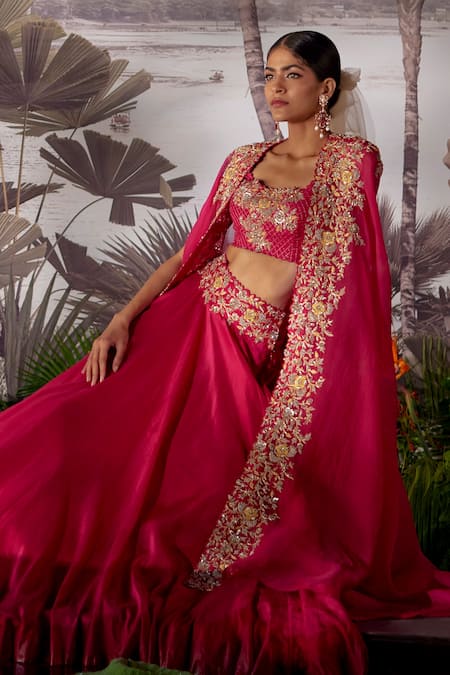 Buy_Mrunalini Rao_Pink Raw , Organza, Dupion Floral, Zardozi Embroidered And Skirt Set _Online_at_Aza_Fashions