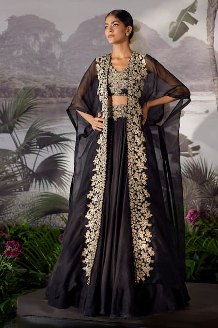 Mrunalini Rao_Black Raw , Organza, Dupion Floral, Zardozi Embroidered And Skirt Set _Online_at_Aza_Fashions