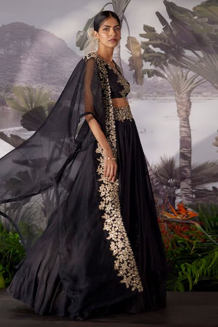 Shop_Mrunalini Rao_Black Raw , Organza, Dupion Floral, Zardozi Embroidered And Skirt Set _at_Aza_Fashions