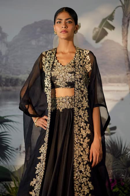 Shop_Mrunalini Rao_Black Raw , Organza, Dupion Floral, Zardozi Embroidered And Skirt Set _Online_at_Aza_Fashions