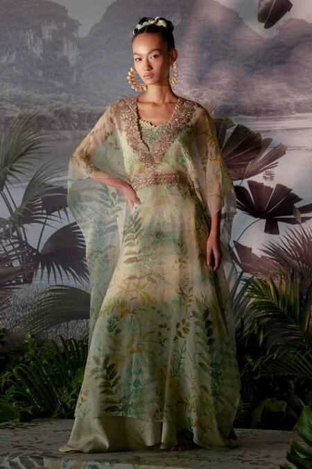 Mrunalini Rao Green Raw , Organza, Dupion Floral, Printed Kaftan Tunic And Pant Set