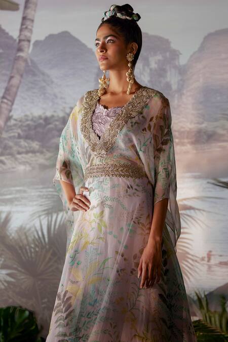 Shop Mrunalini Rao Purple Raw , Organza, Dupion Floral, Printed Kaftan Tunic And Pant Set at Aza Fashions Shop_Mrunalini Rao_Purple Raw , Organza, Dupion Floral, Printed Kaftan Tunic And Pant Set_at_Aza_Fashions