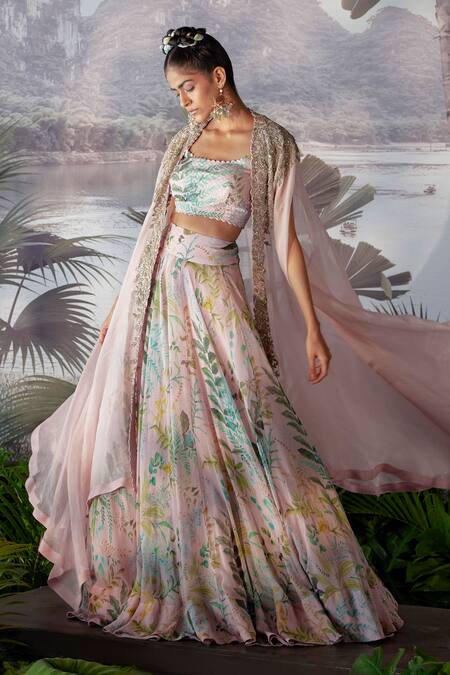 Mrunalini Rao_Pink Raw Silk, Organza, Chiffon Floral, Zardozi Blouse Embroidered And Skirt Set _Online_at_Aza_Fashions