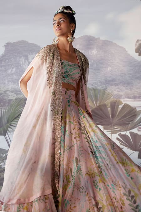 Buy_Mrunalini Rao_Pink Raw Silk, Organza, Chiffon Floral, Zardozi Blouse Embroidered And Skirt Set _Online_at_Aza_Fashions