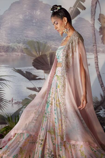 Shop_Mrunalini Rao_Pink Raw Silk, Organza, Chiffon Floral, Zardozi Blouse Embroidered And Skirt Set _Online_at_Aza_Fashions