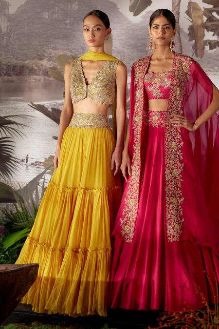 Mrunalini Rao_Pink Raw , Organza, Dupion Floral, Zardozi Embroidered And Skirt Set _at_Aza_Fashions