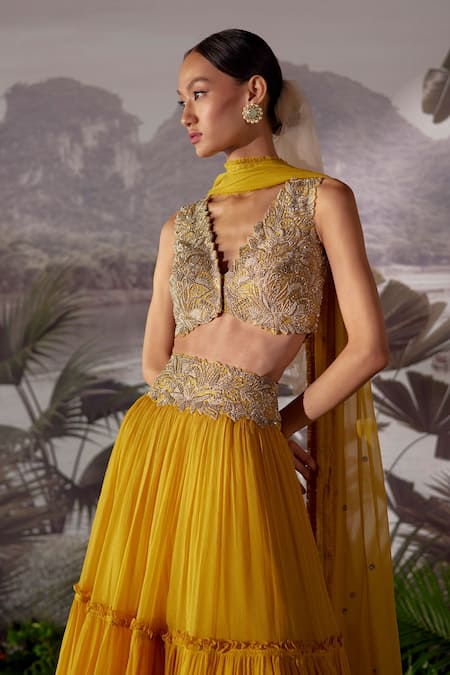 Buy_Mrunalini Rao_Yellow Raw Silk, Chiffon Floral V Neck Skirt Set With Embroidered Blouse _Online_at_Aza_Fashions