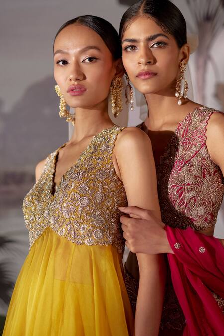 Mrunalini Rao Yellow Raw , Organza, Dupion Floral V Embroidered Anarkali And Pant Set Online at Aza Fashions Mrunalini Rao_Yellow Raw , Organza, Dupion Floral V Embroidered Anarkali And Pant Set _Online_at_Aza_Fashions