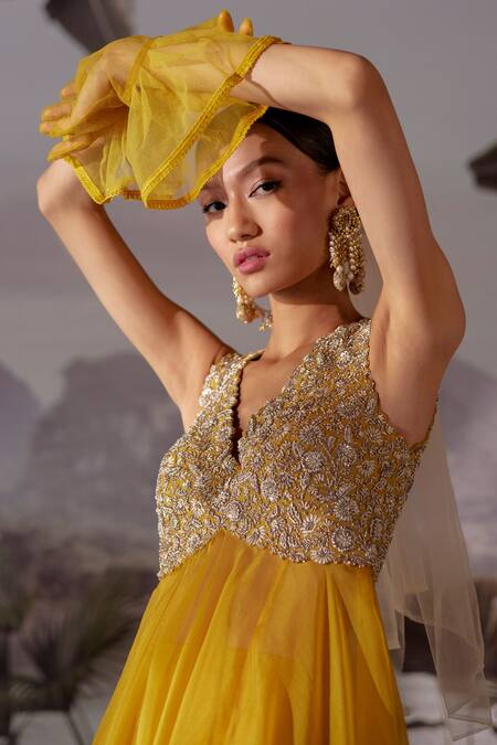 Buy Mrunalini Rao Yellow Raw , Organza, Dupion Floral V Embroidered Anarkali And Pant Set Online at Aza Fashions Buy_Mrunalini Rao_Yellow Raw , Organza, Dupion Floral V Embroidered Anarkali And Pant Set _Online_at_Aza_Fashions