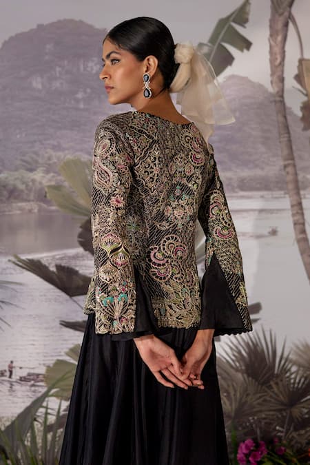 Shop Mrunalini Rao Black Raw , Dupion Floral V Neck Embroidered Jacket And Flared Pant Set at Aza Fashions Shop_Mrunalini Rao_Black Raw , Dupion Floral V Neck Embroidered Jacket And Flared Pant Set _at_Aza_Fashions