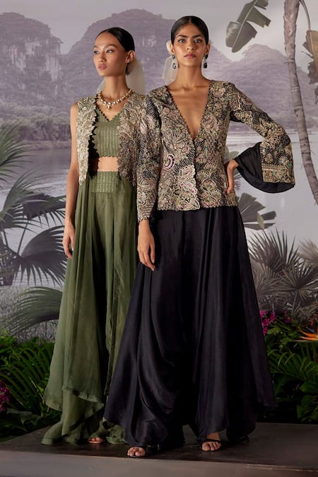 Mrunalini Rao Black Raw , Dupion Floral V Neck Embroidered Jacket And Flared Pant Set at Aza Fashions Mrunalini Rao_Black Raw , Dupion Floral V Neck Embroidered Jacket And Flared Pant Set _at_Aza_Fashions