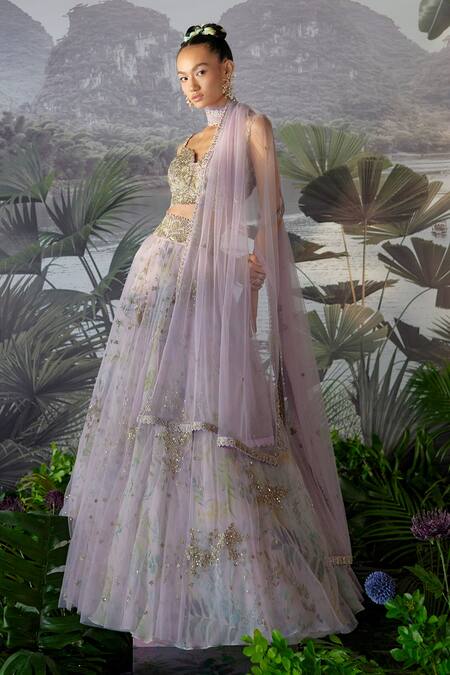 Mrunalini Rao_Purple Raw Silk, Net Floral Sweetheart Neck Embroidered Bridal Skirt Set_Online_at_Aza_Fashions