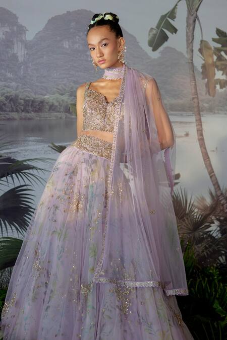 Buy_Mrunalini Rao_Purple Raw Silk, Net Floral Sweetheart Neck Embroidered Bridal Skirt Set_Online_at_Aza_Fashions